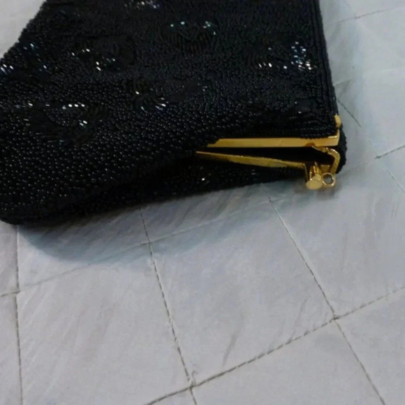 Black Beaded Satin Evening Bag  Vintage 1950s Clutch Hearts Leaf Design Elegant - Picture 5 of 10